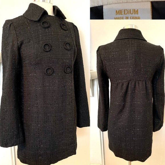 women's Black tweed Pea Coat Sz Medium elegant minimalist career preppy - Picture 1 of 10